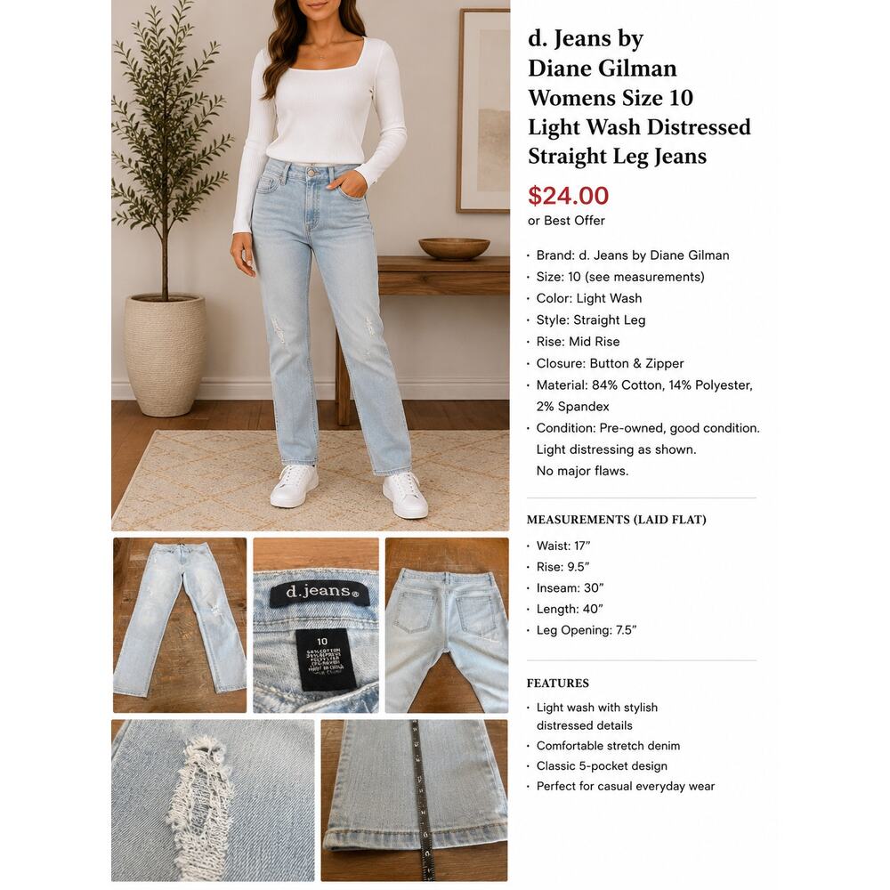 d.jeans by Diane Gilman Womens Size 10 Light Wash Distressed Straight Leg Jeans